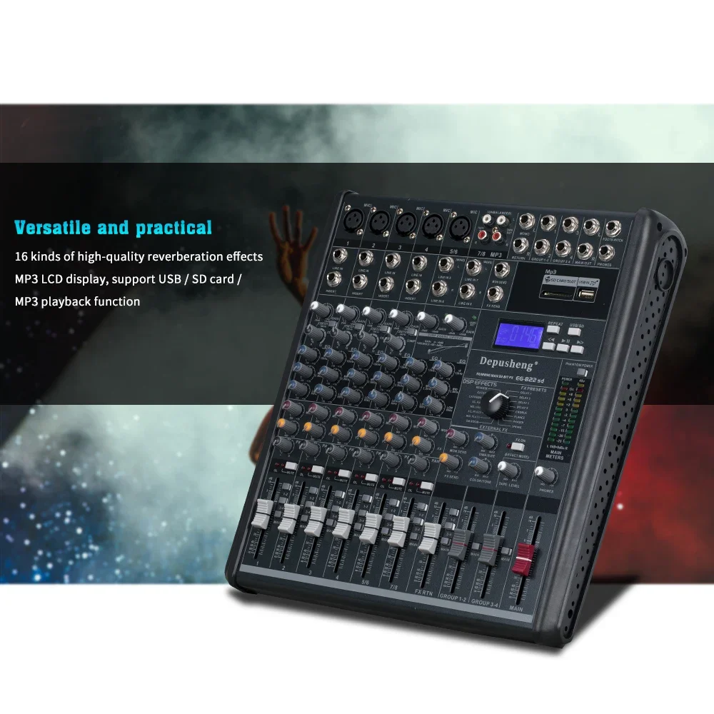 Depusheng EG822SD mixer audio Digital, mixer audio Digital DJ 8 saluran multifungsi 48V Phantonpower Supply