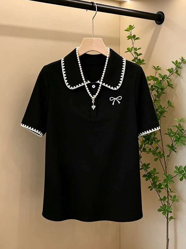 

plus Size Summer New Style Slimming Embroidered Neck Knot Loose Short Sleeve T-Shirt for plus Size Women