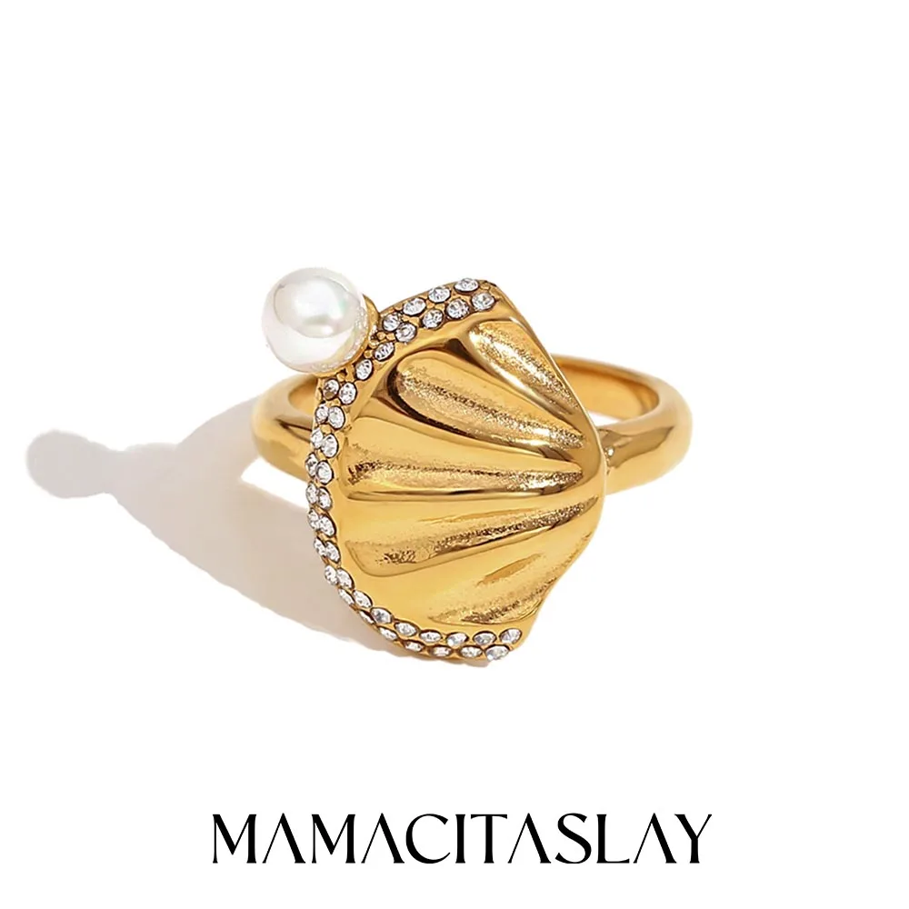 

MamacitaSlay Exclusive Pearl Shell 316L Stainless Steel Ring Ocean Style Waterproof Jewelry Women's Charm 18K Gold Plated Ring