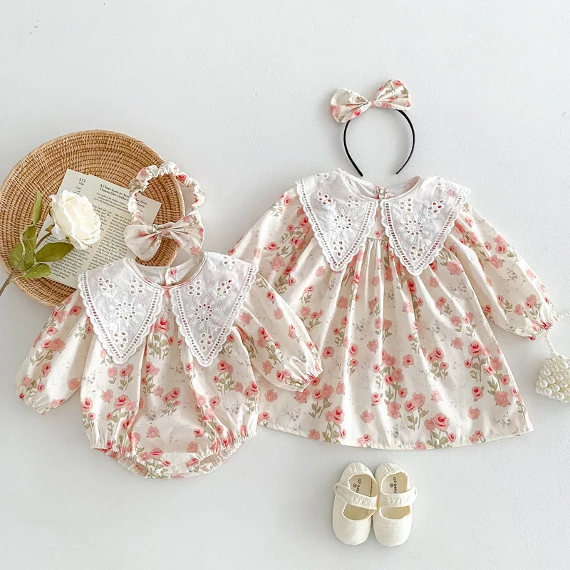 

Newborn Baby Girl Lace Collar Flower Dress Romper+headband Infant Toddler Long Sleeve Bodysuit Spring Party Baby Clothes 0-5Y