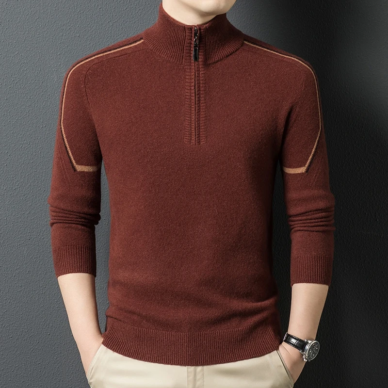 

100% Pure Cashmere Wool Jumper Men 2025 Winter High Collar Warm Sweater Long Sleeve Sheep Wool Zipper Clothes Pullovers