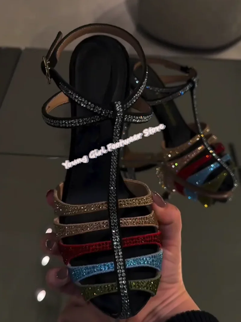 Round Head Hollow Out No Exposed Toes Colorful Clash Full Diamond Lady High Heel One-Strip French Sandals Banquet Luxury Sandals - view 5