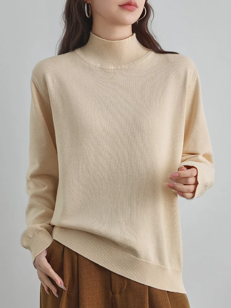 Women's Long Sleeve Knitted Base Shirt Half High Collar Pure Cotton Thread Casual Loose Fit Soft Cotton Sweater Inner Wear