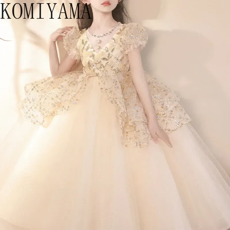 ที่กําหนดเองหวาน O-คอประดับด้วยลูกปัด Ball Gown ชุดวันเกิดพัฟแขน Slim ดอกไม้สาว Spliced หรูหรา Shinny Princ