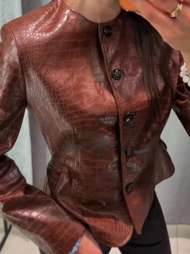 Women Croc Embossed Faux Leather Jacket Round Neck Button Front Long Sleeve 2026 Autumn Chic Date Outfit Street Trendy Outerwear
