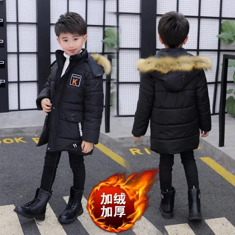 Kids 4-14 Years Boys Hooded Jacket Winter Thicken Keep Warm Fur Collar Zipper Coat Children Fashion Outerwear Christmas Clothing 2