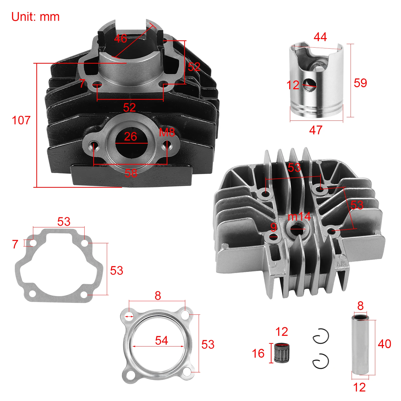 47mm Cylinder Head Piston Gasket Repair Rebuild Kit for Yamaha PW80 PW 80 PY80 PEEWEE Dirt Bike Scooter Motorcycle