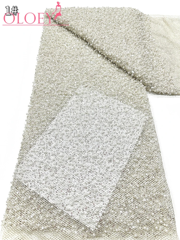 

OLOEY Elegant Corded Mesh Lace Fabric with Beaded Sequin Embellishment Random Design for Sewing Haute Couture Gowns by