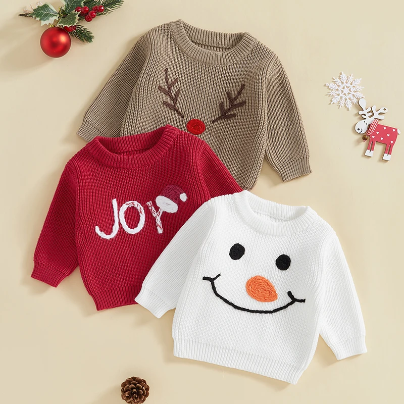 EWODOS Baby Girls Boys Christmas Knit Sweater Chic Long Sleeve Elk Snowman Santa Hat Embroidery Pullover Knitwear Winter Clothe