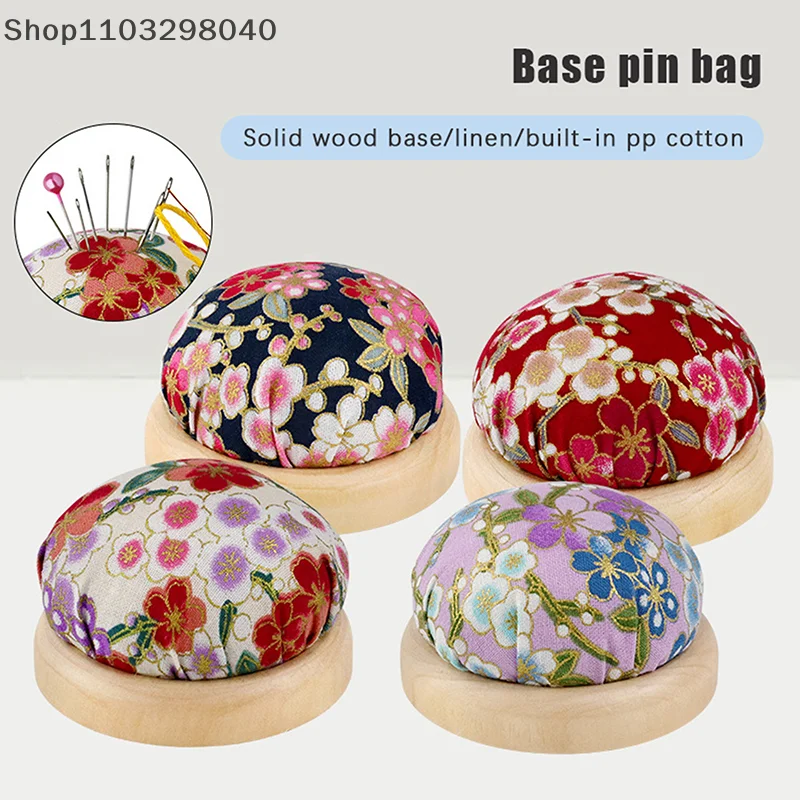 

Vintage-Style Embroidered Half-Round Pin Cushion With Wooden Base And Needle Holder For DIY Sewing And Craft Applications