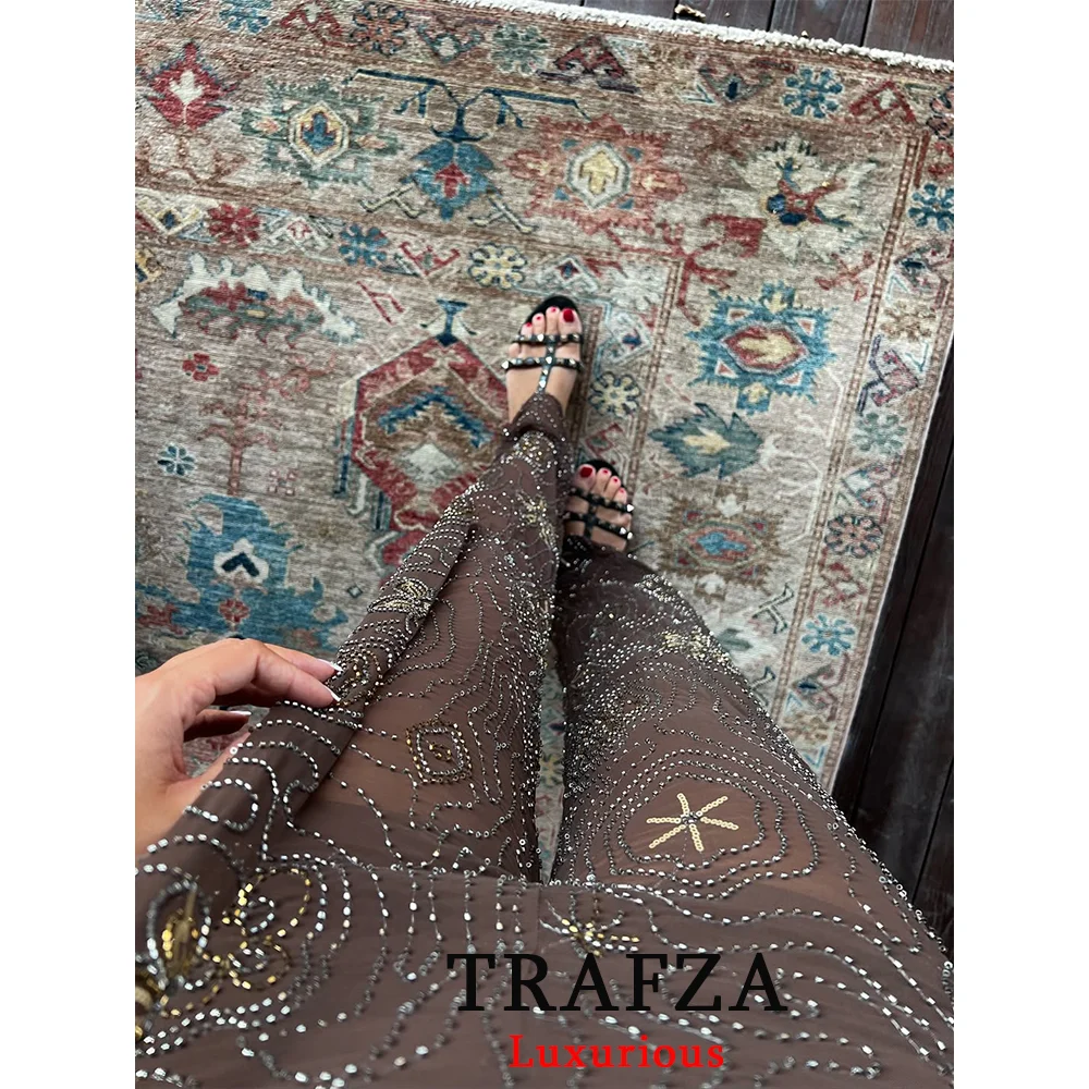 TRAFZA Sexy Chic Women Transparent Pants Sequins Straight Wide Leg Pants Fashion 2025 Spring Summer Holiday Party Trousers image 5