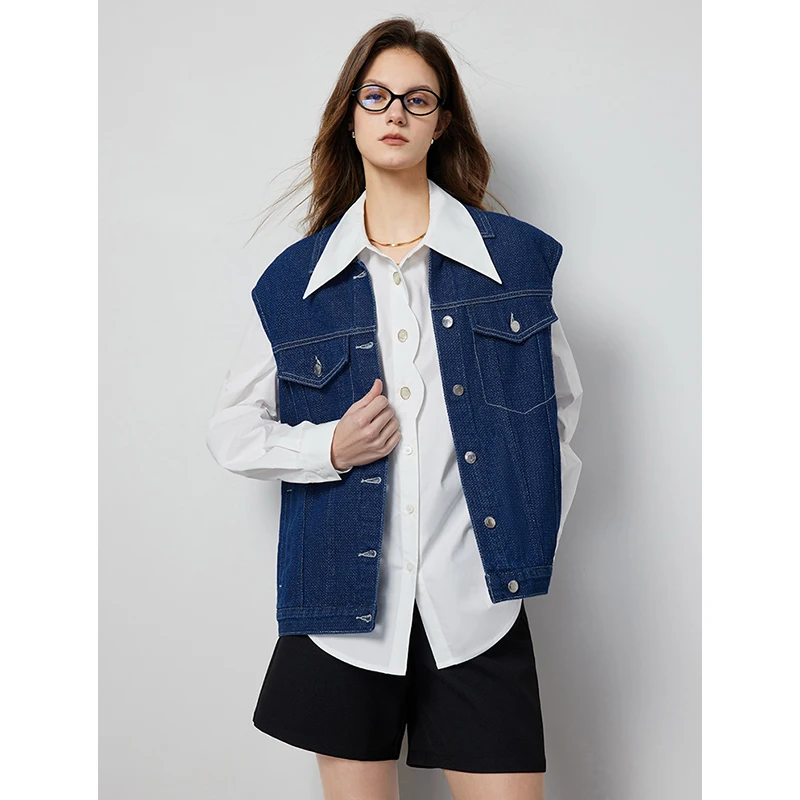 TOYOUTH Denim Cowboy Waistcoat 2024 Autumn Women Sleeveless Turn Down Collar Loose Jacket Pocket Design Casual Outwear Tops