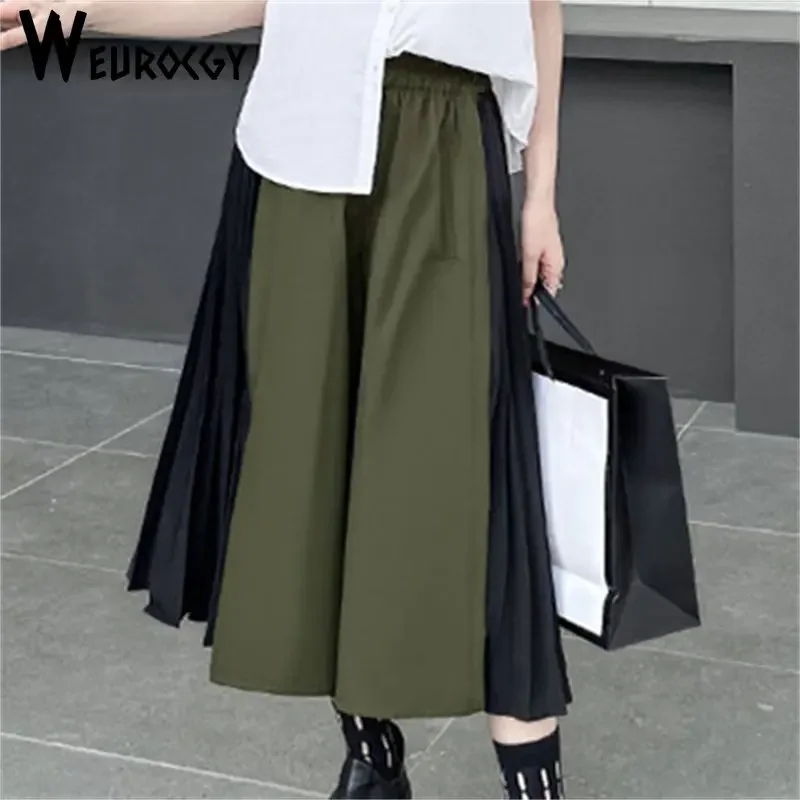 High Elastic Waist Color-block Pleated Pants New Loose Fit Trousers Women Fashion Tide Spring Summer 2023 Straight Trouser Skirt