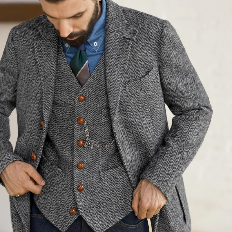

Autumn/Winter Vintage British Herringbone Tweed Tweed Hunting Casual Jacket Men's Suit Jacket Fashionable Gentleman Wedd Attire