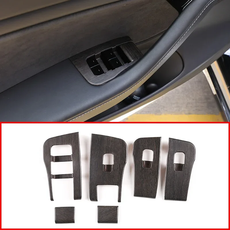 For Tesla Model 3 Window Lifter Switch Button Decorative Cover Frame Sticker ABS Oak Grain/Aluminum Alloy 6-piece set
