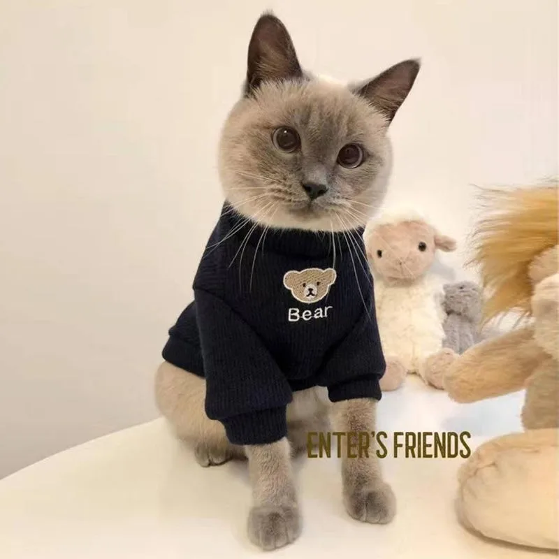 2025 Pet Autumn and Winter Clothing Warm and Velvet Hoodie Cloth Doll Cat Blue Cat Kitten Anti Hair Loss