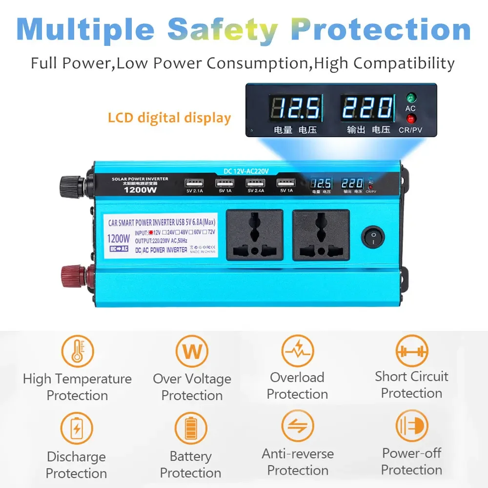 Apparecchi elettrici inverter per auto DC48V a AC 220V Powerconverter Trasformatore Doppio display LCD 4Usb Energia solare