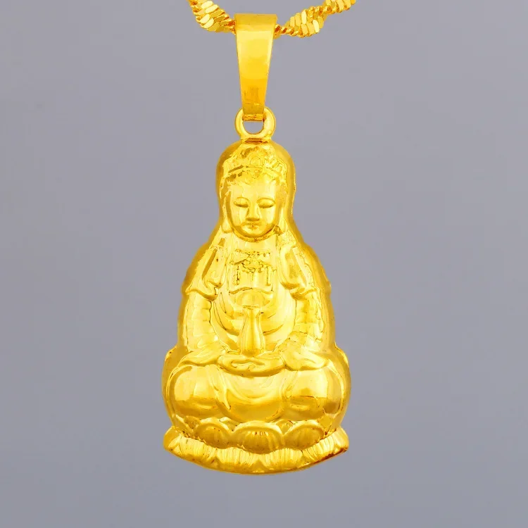 Real 100% Pure 18K Gold Color Avalokitesvara Statue Necklace for Women Men Fine Jewelry Gifts Necklaces Chain Wedding Engagemen