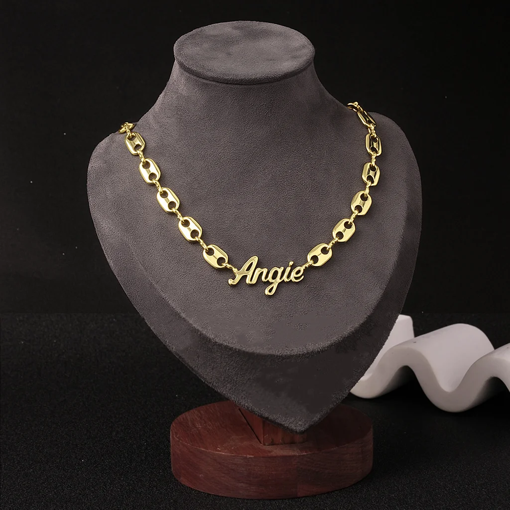 Custom Script Name Necklace Coffee Bean Chain 18K Gold Plated Initial Pendant Hip Hop Vintage Jewelry Man Gift for Him Unisex