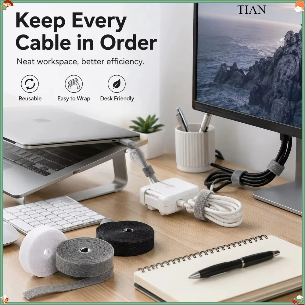 1PC Reusable Cable Tie Roll Cut to Length Hook and Loop Cord Organizer for USB Charger Earphone Computer Desk Wire Management