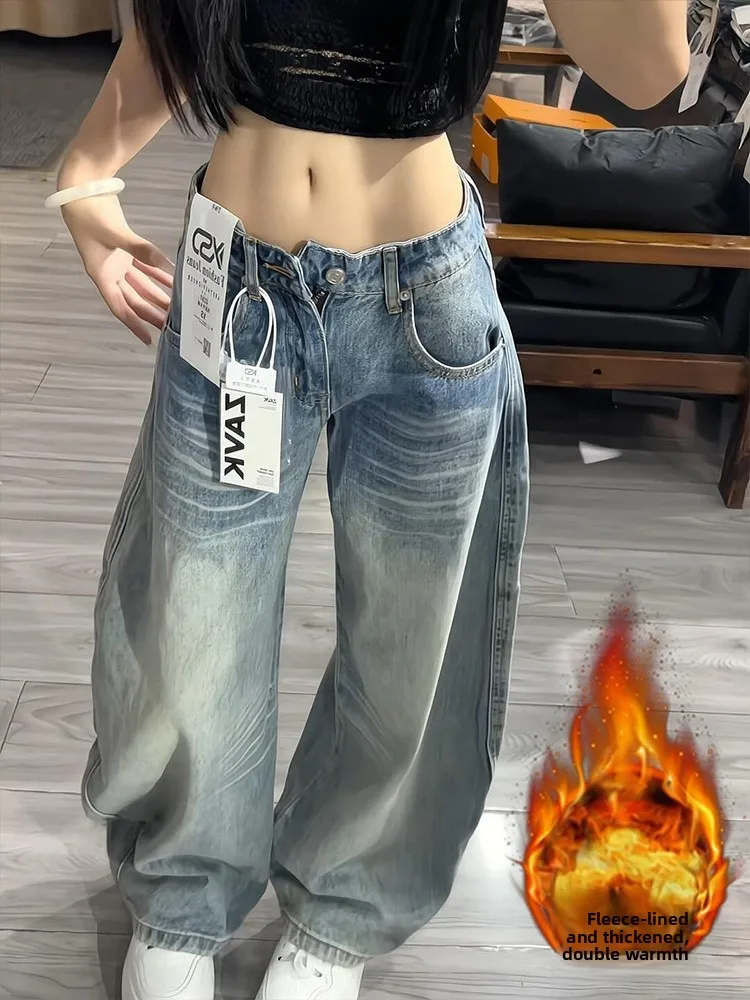 

Утепленные джинсы с широкими штанинами на флисовой подкладке для женщин, осенне-зимние, свободные, прямого кроя, расклешенные, винтажные, с низкой талией