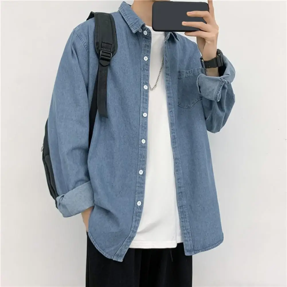 Men Denim Shirt Denim Shirt Outerwear Stylish Men\'s Denim Jacket with Turn-down Collar Chest Pocket Casual Spring for School