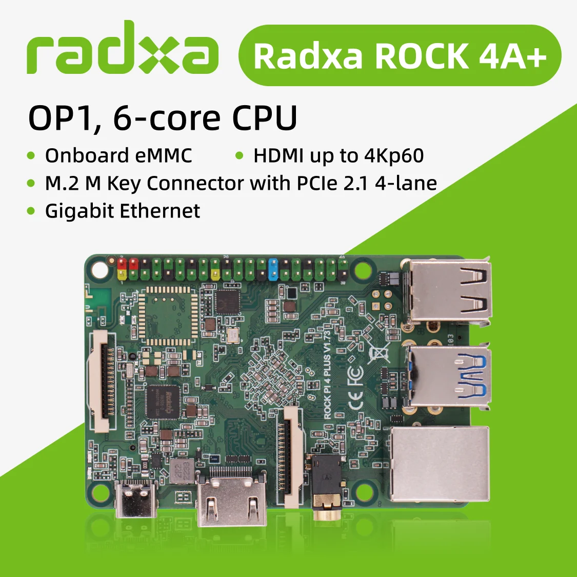 Radxa ROCK 4A+, Einplatinen-Computer, 6-Kern-CPU SBC, HDMI mit 4K-Ausgang, Gigabit-Ethernet und PCIe 2.1