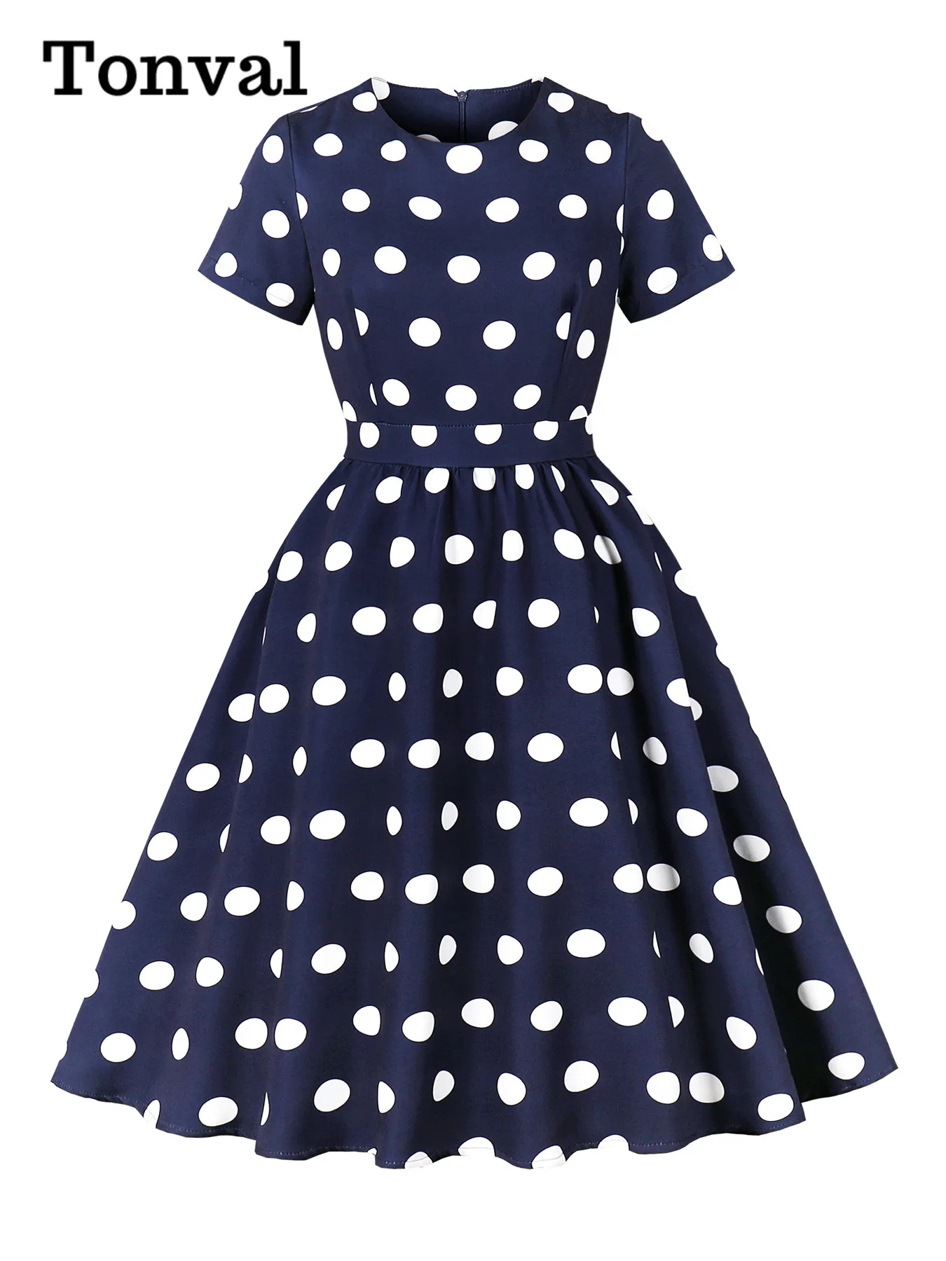 

Tonval O-Neck Summer Elegant Pleated Midi Dresses for Women Navy Blue with White Dots Short Sleeve Pockets Side Vintage Dress
