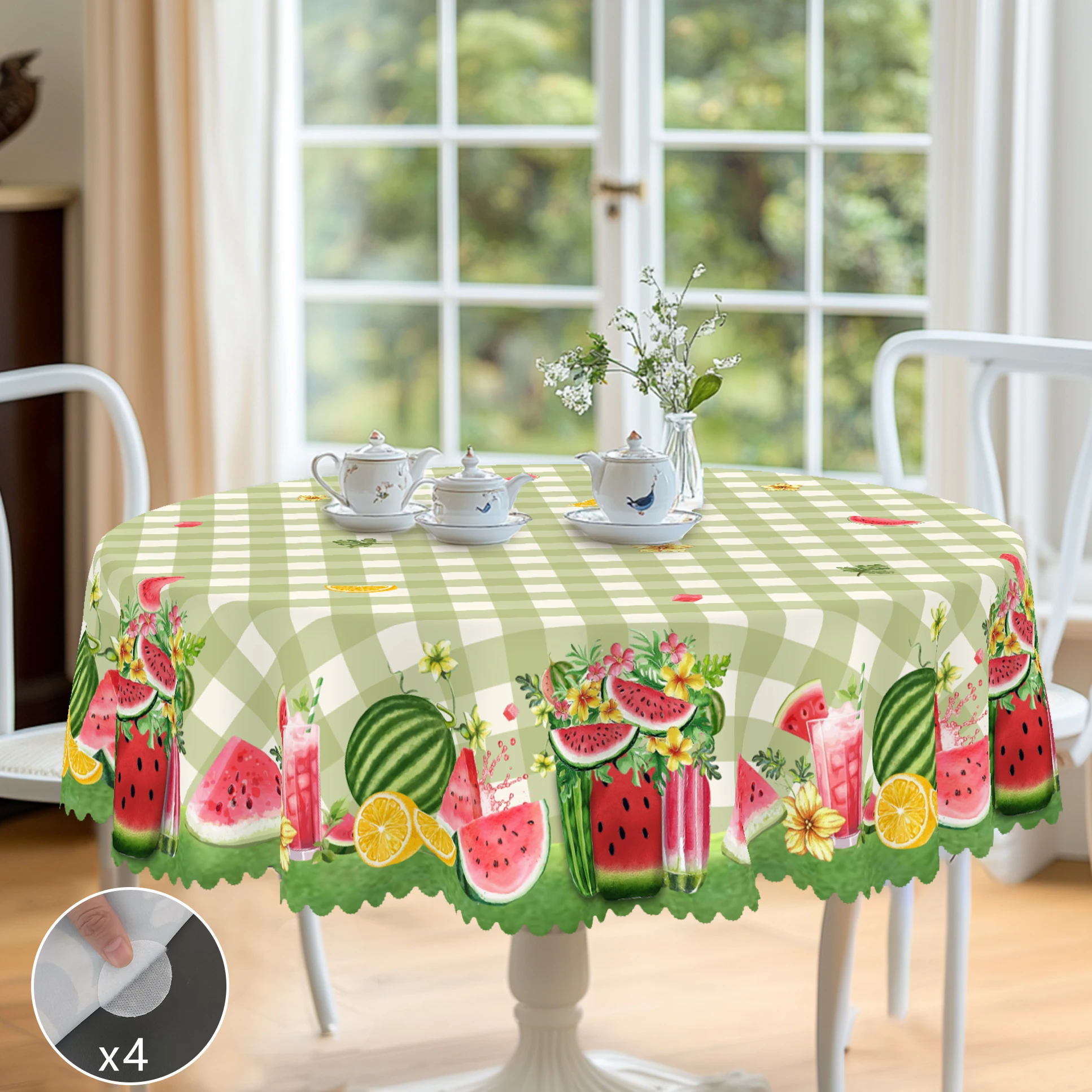 1 Piece Summer Fruit Print Rectangular Tablecloth, Watermelon, Green Plaid Pattern Round Tablecloth, Party Tablecloth, Home Table Decoration, Courtyard Camping Table Decoration, Table Cover for Daily Home Kitchen, Restaurant Terrace Indoor and Outdoor Use