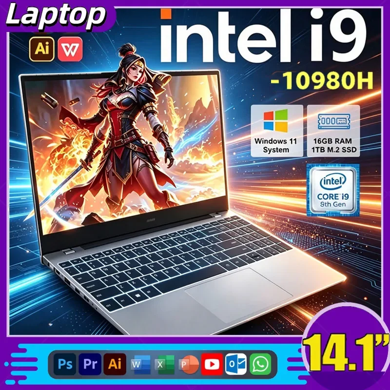 2026 Core I9-10980HK Windows 11 Laptops 14.1 Inch Laptop Fingerprint Unlock Intel 16GB RAM 2TB SSD Backlight Gaming Notebook