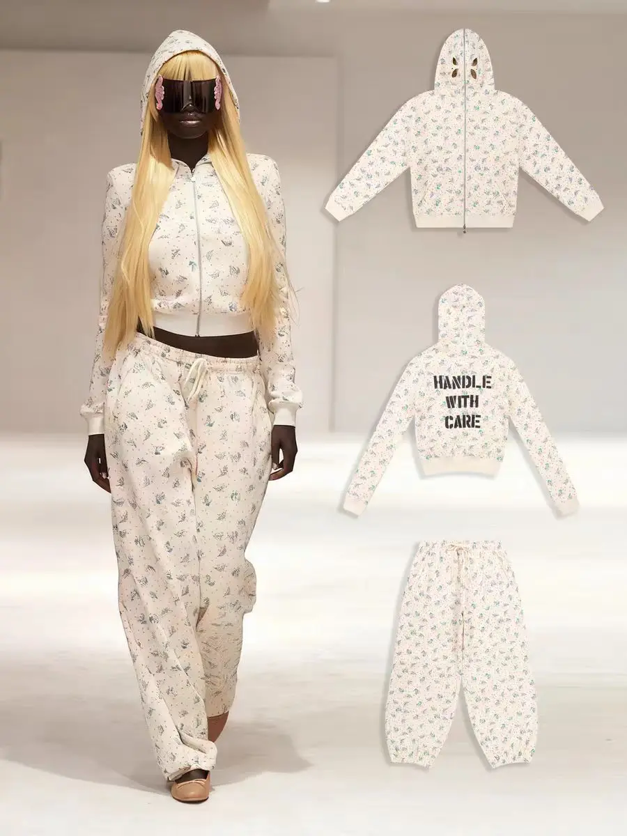 Ashley Apricot Rabbit Love مطبوعة هوديي المرأة التخسيس الكتف معطف قصير مع مجموعة السراويل المخملية