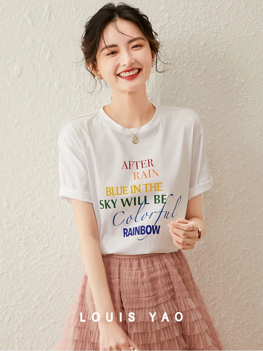 

LOUIS YAO Women T-shirt 2024 Summer Print Letter Tee Loose Fit Round Neck Short Sleeve Drop Shoulder Sleeve Casual Pullover Top