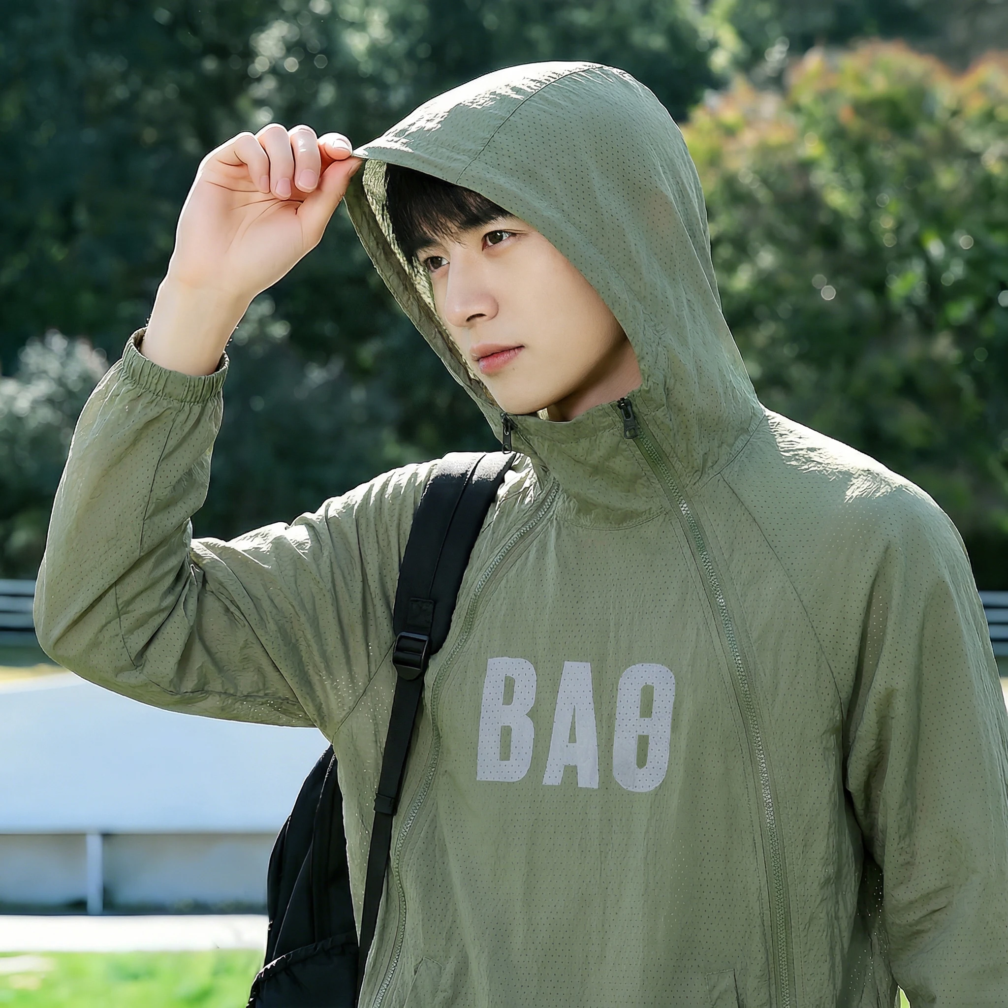  Men's UPF50+ UV Protection Hooded Jacket Double Zipper Breathable Sunscreen Windbreaker Lightweight Casual Coat Outdoor Sports