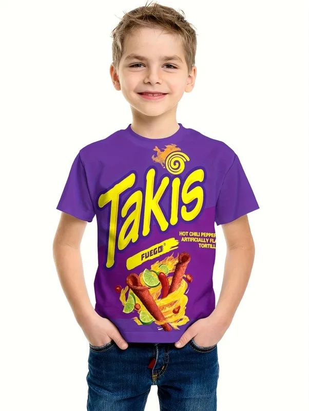 Takis Lila T-Shirt für Jungen, Kinderkleidung, Kinderkleidung für Jungen, kurzärmelige Oberteile, Top-Shirts, 2024, T-Shirts für Kinder im Freien