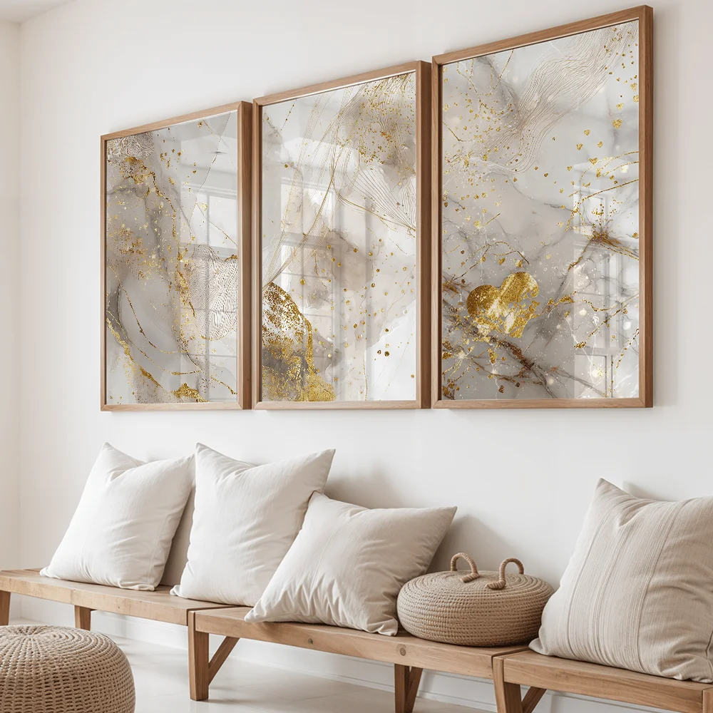 Wall Decoration, Vintage Posters, Abstract Floral Artworks, Beige and Gold 3pcs Canvas Artworks for Living Room Home Decoration