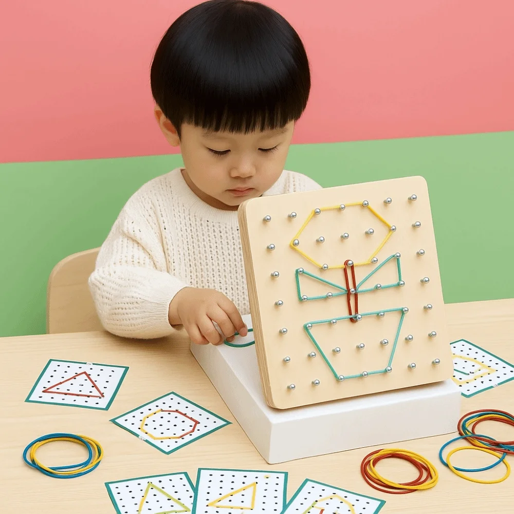 Geometria de madeira quebra-cabeça placa de unhas gráficos interativos matemática montessori brinquedo forma cognição geométrica