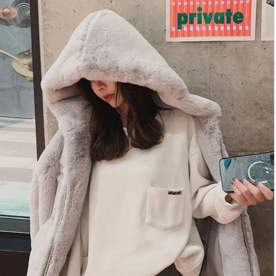 Winter Warm Thick Furry Overcoat Women Fashion All-match Plush Hooded Cardigan Faux Rabbit Fur Ladies Loose Clothing Coat