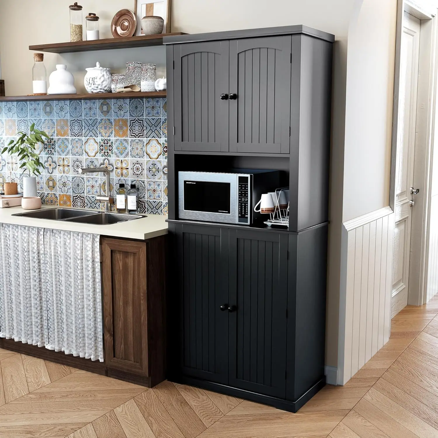 Kitchen Pantry Storage Cabinet, Freestanding Larder Cupboard, Kitchen Hutch Cabinet with Microwave Stand,Utility Pantry Door