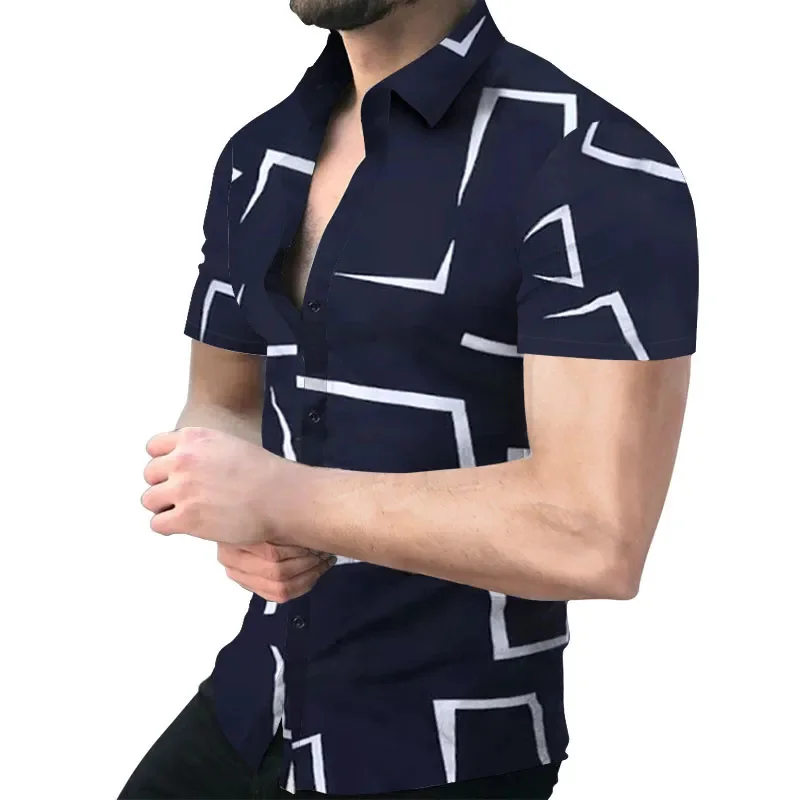 Camisa de manga corta con estampado de rayas en 3D para hombre, camisa holgada informal y moderna, nuevo estilo 2023.