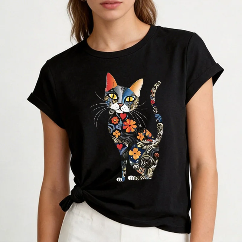 Damen-T-Shirt mit Rundhalsausschnitt und Blumen-Katzen-Print, Modisches Grafik-Y2K-Oberteil für Damenmode