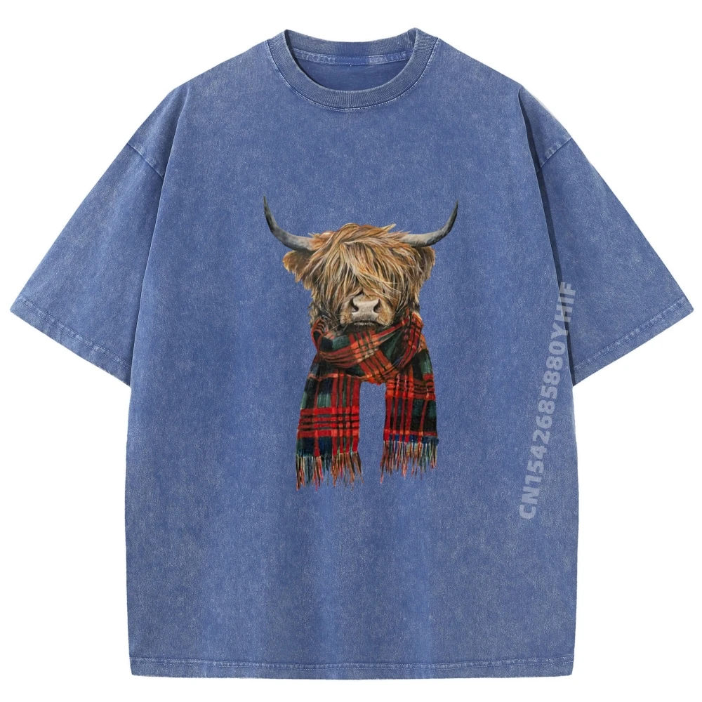 Leuke Hoogland Koe Dragen Buffalo Plaid Sjaal Landbouw Boer Anime T-shirts Zomer Meme Tshirt Retro Gewassen T-shirt