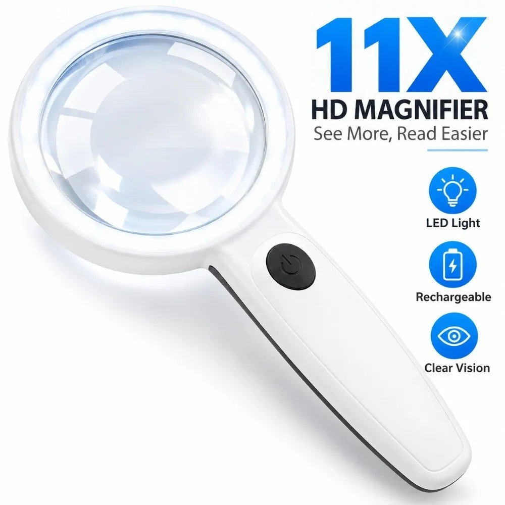 11X Magnification Handheld Magnifying Glass 3 LED Light HD Len Reading Magnifier USB Rechargeable Jewelry Loupe