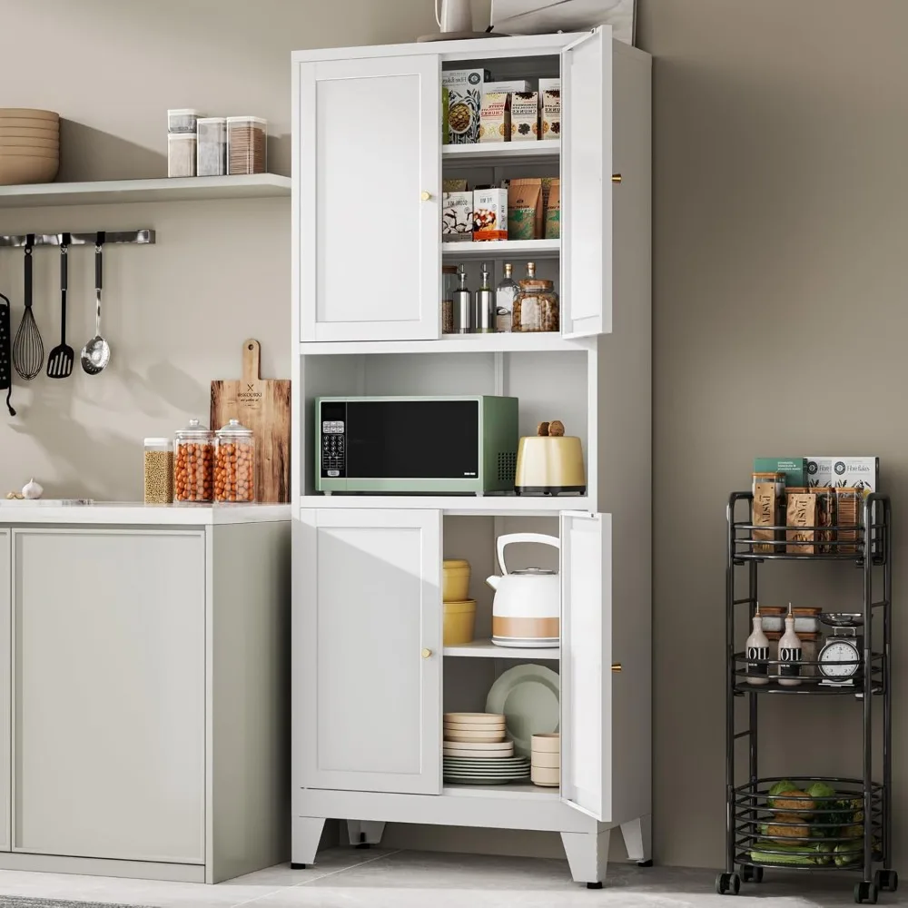 

69''Metal Pantry Storage Cabinet with 4 Doors & 3 Adjustable Shelves,Kitchen Pantry Cabinet with Microwave Shelf,Microwave Stand