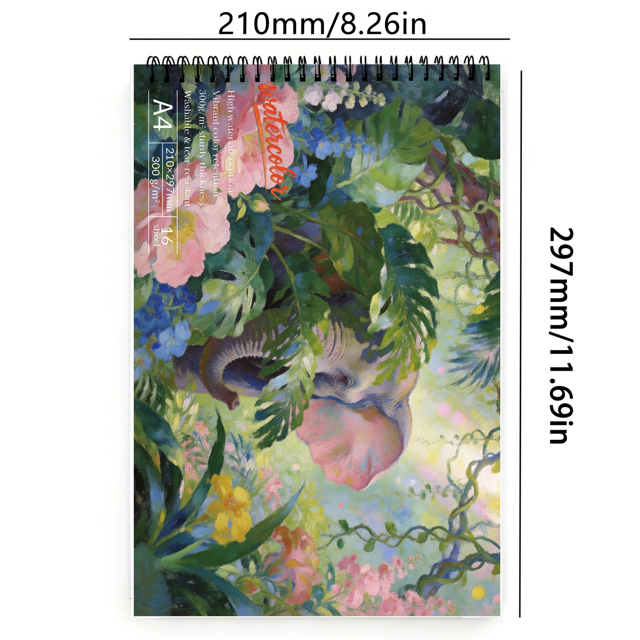A4  Spiral Watercolor Pad 300gsm, Jungle Elephant Floral Cover, 16 Sheets Acid-Free Art Sketchbook for Back to School & Gift