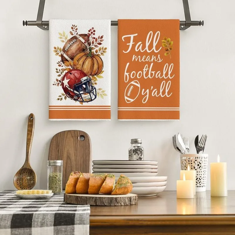 4Pcs, Warm Orange American Football Themed Cleaning Cloths, Machine Washable and Reusable Kitchen Towels, Autumn Family Football Atmosphere Soft Decor Items, Thanksgiving Fan Souvenirs