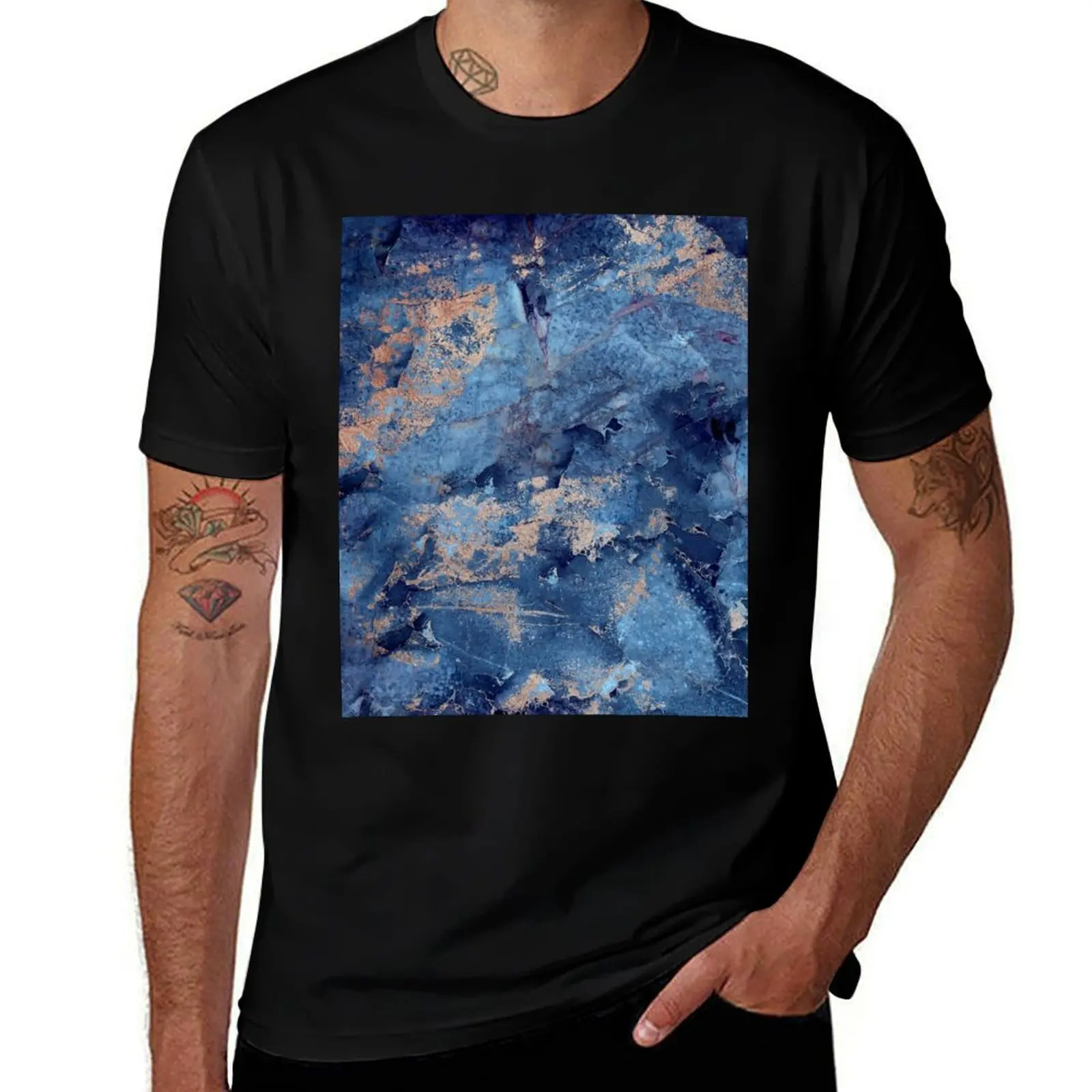 Blue Stone Marble T-Shirt Basic Plain Short Sleeve Crew Neck Tee T-Shirt
