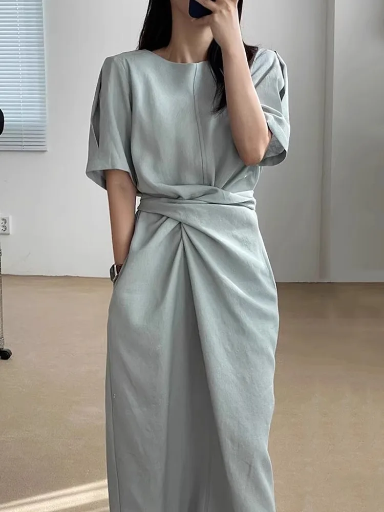 Chic Summer round Neck Cross Tie Waist Slimming Midi Short Sleeve Dress Women's Fashionable Design Sensation Korean Style Dress