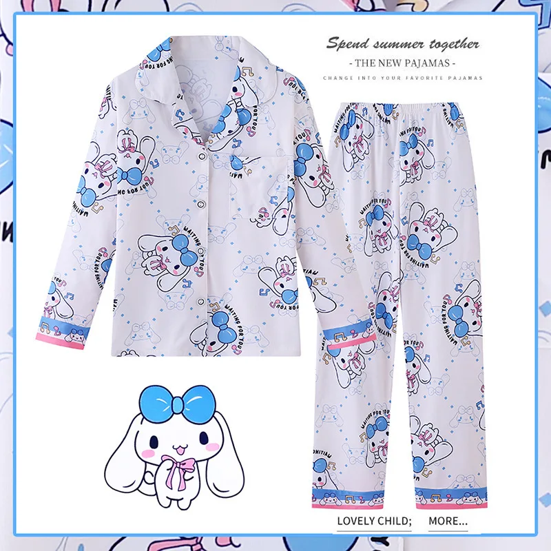 Conjunto de pijamas de mangas compridas Sanrio para meninas, seda do gelo, roupas fofas, desenhos animados Kuromi, minha melodia, presente de roupas, verão, novo