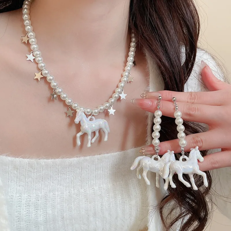 

Minar Cute White Resin Cartoon Horse Imitation Pearl Metallic Star Pendant Necklaces for Women Silver Plated Iron Alloy Chokers