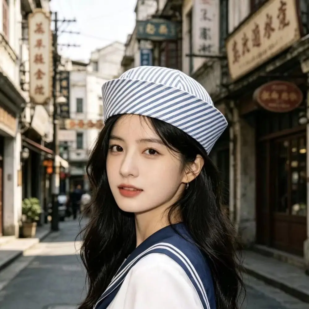 Kawaii Y2K Stripe Sailor Hat Blue Striped Solid Color Navy Hat Polyester Cute Captain Hat Street